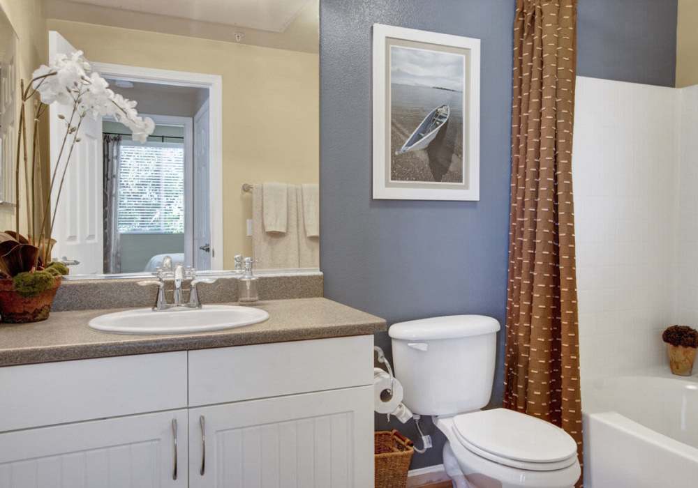 Apartment bathroom with a bathtub, toilet and mirror at Rivers Edge in Lake Elsinore, California