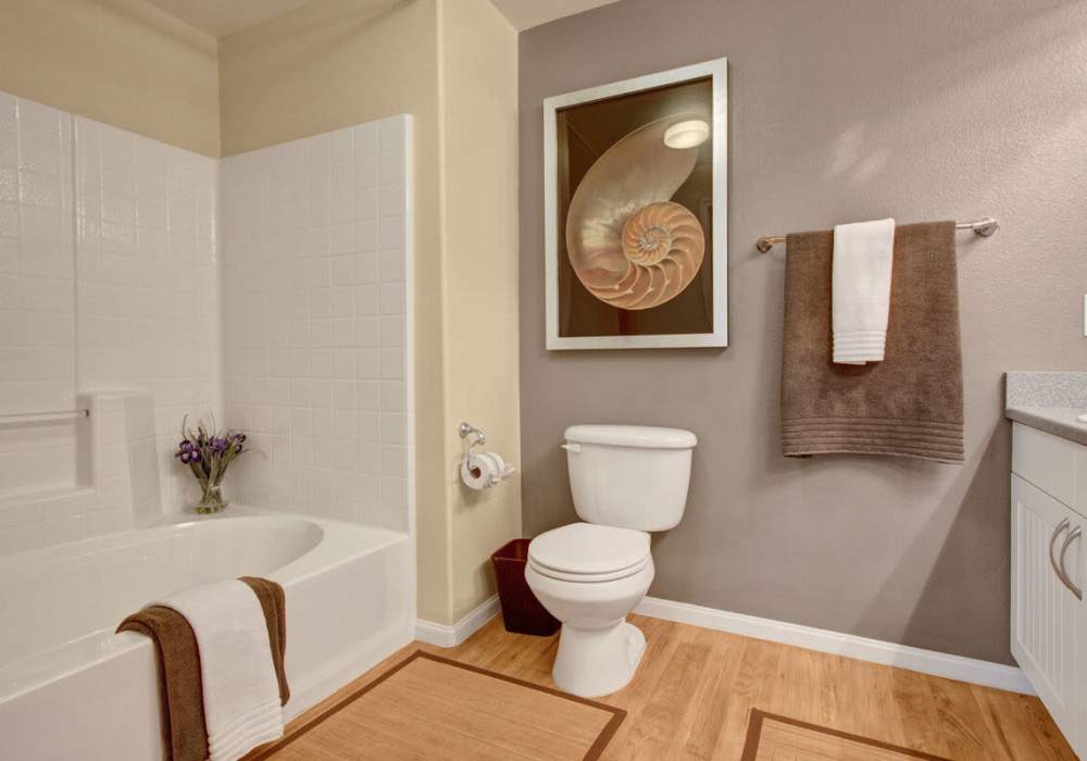 Bathroom with a toilet, sink, storage and standard tub at Rivers Edge in Lake Elsinore, California