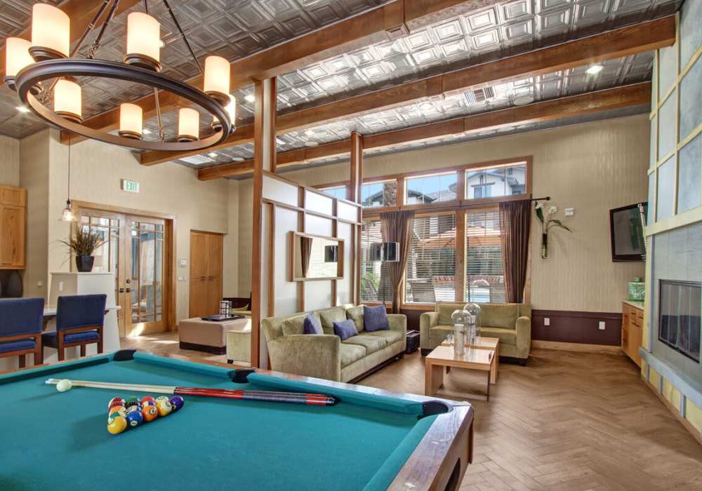 Community games room and seating at Rivers Edge in Lake Elsinore, California 