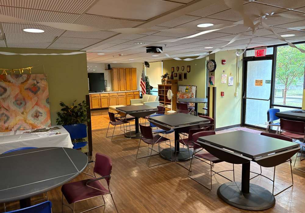 Resident chopping vegetables in her modern kitchen at Glen Hazel Apartments in Pittsburgh, Pennsylvania