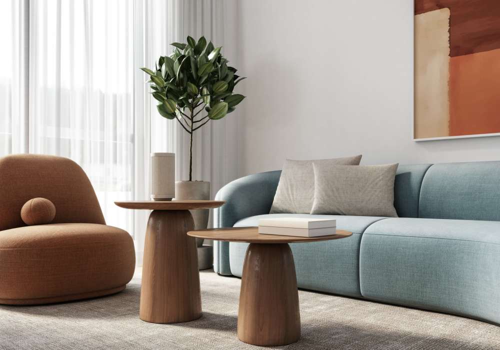 Modern decor in a furnished home's living room at Parkwood Oaks in Bedford, Texas