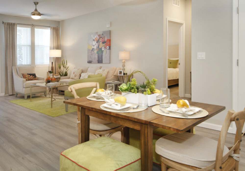 Bright, modern dining area with cozy sunlit living room at Messina Luxury Apartments in New Smyrna Beach, Florida