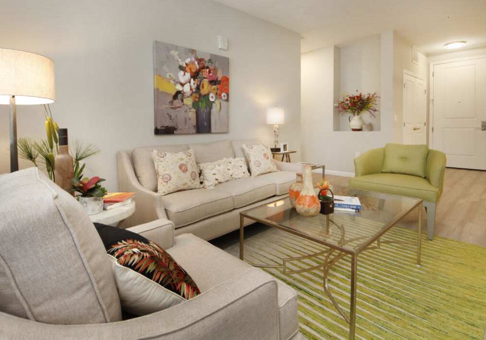 Cozy, modern living room with vibrant decor and natural light at Messina Luxury Apartments in New Smyrna Beach, Florida