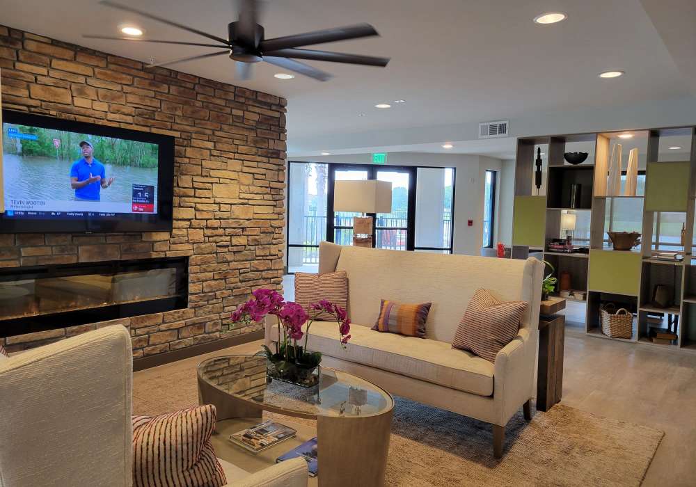 Sunlit living room with modern decor and cozy seating at Messina Luxury Apartments in New Smyrna Beach, Florida