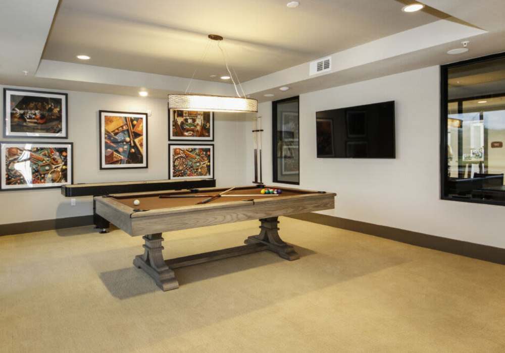 Stylish game room with pool table and vibrant artwork at Messina Luxury Apartments in New Smyrna Beach, Florida