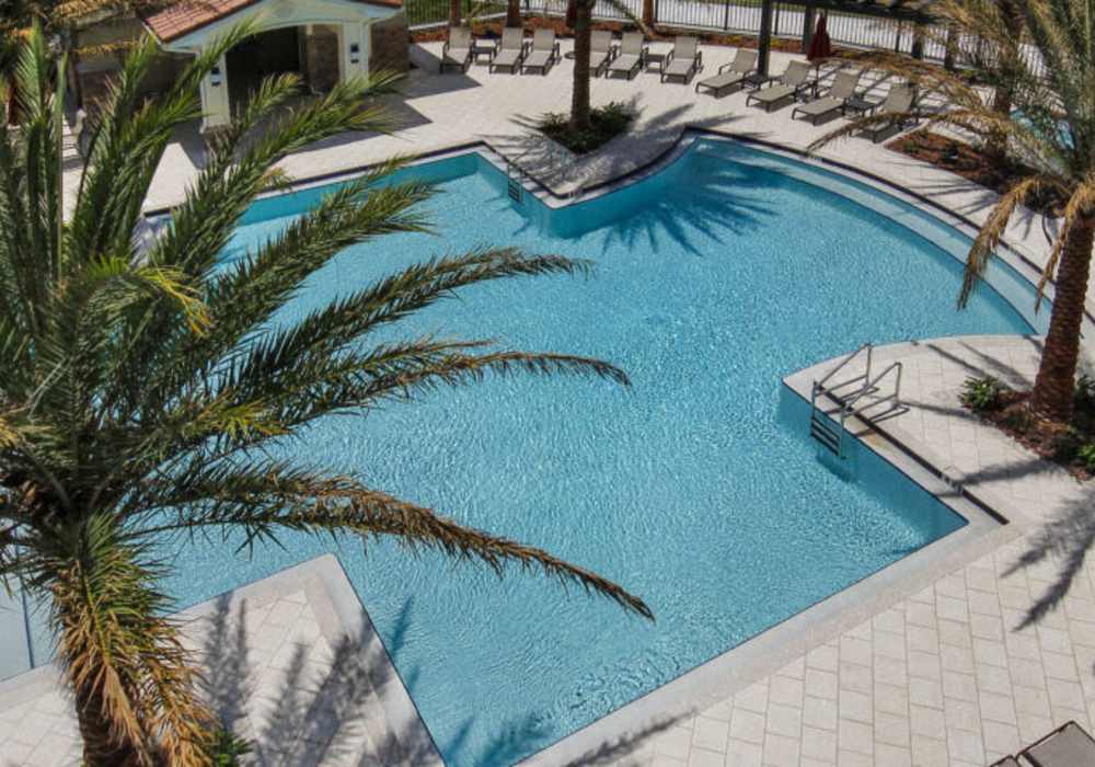 Sparkling pool surrounded by lush palm trees and lounge chairs at Messina Luxury Apartments in New Smyrna Beach, Florida