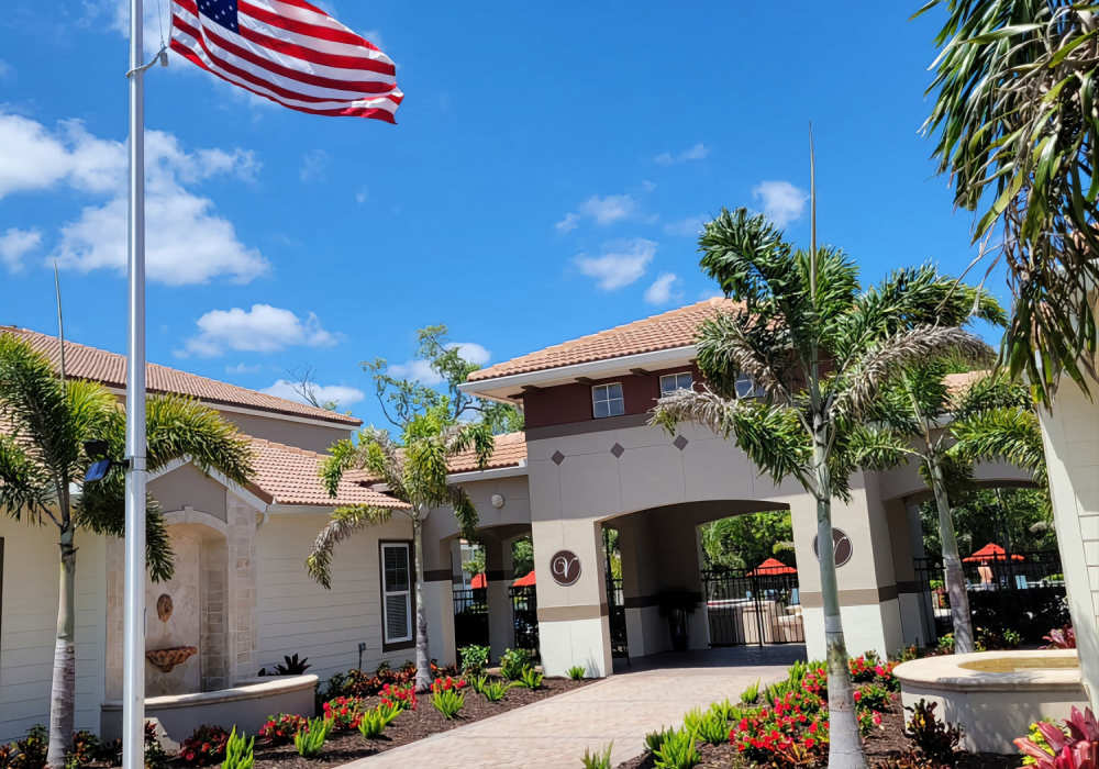 Apartment community entrance at Via Tuscany Apartments in Melbourne, Florida