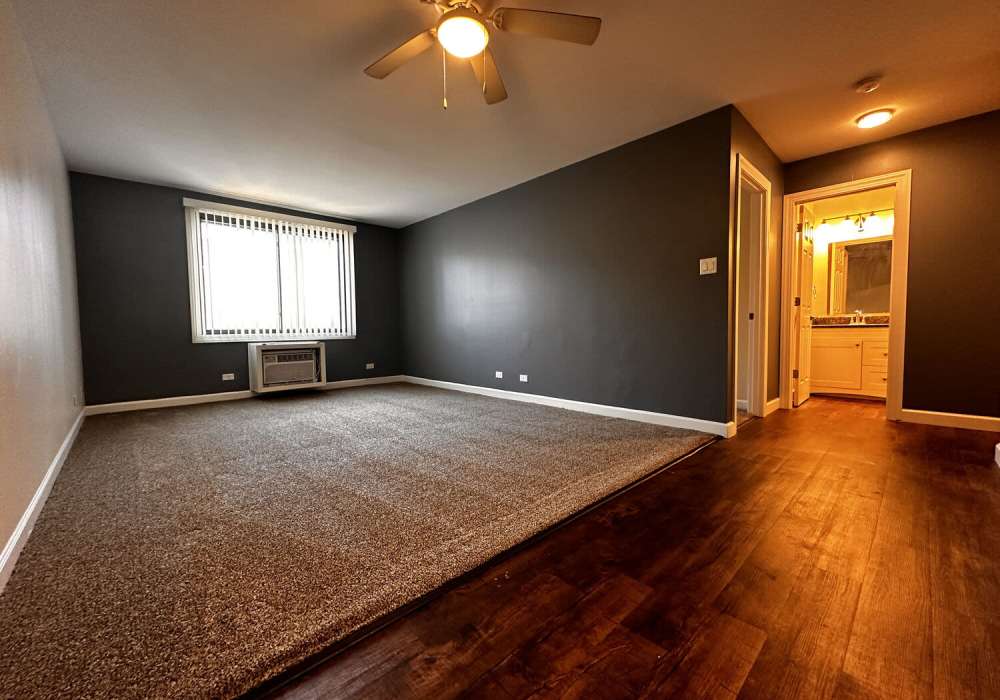 Unfurnished living room having carpet flooring at Main Street Apartments in Bensenville, Illinois