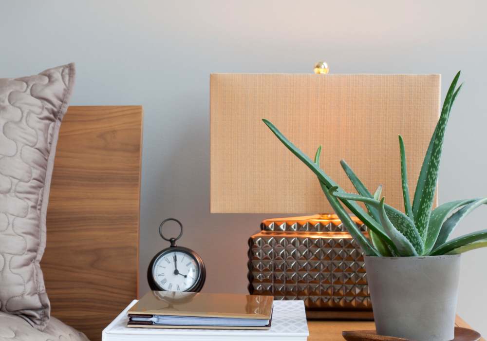 Detail of bedside table decor at Foundry on Fifth in Renton, Washington