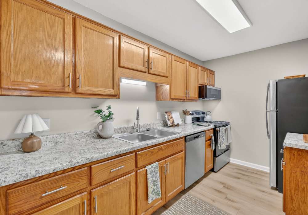 Kitchen with stainless-steel appliances at Saddlebrook Apartments in Murfreesboro, Tennessee