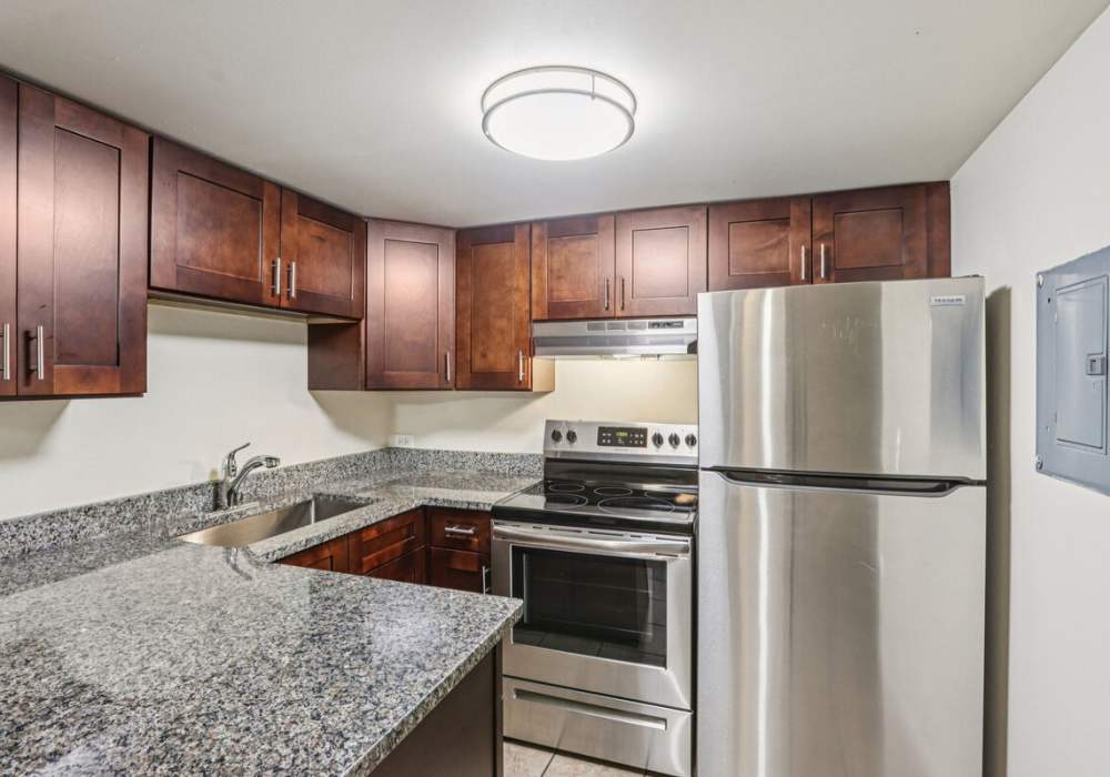 Modern kitchen with dark wood cabinets and stainless appliances at Regents Park Apartments in Bensenville, Illinois