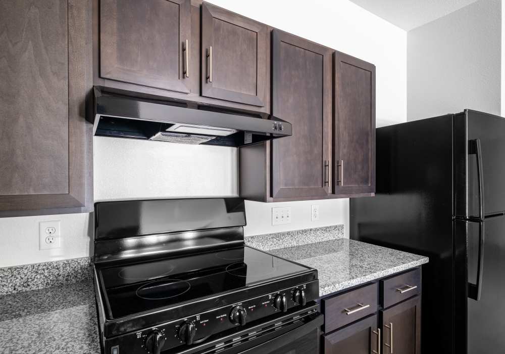 Upgraded kitchen with black appliances and granite countertops at Terrace at Southern Oaks in Dallas, Texas