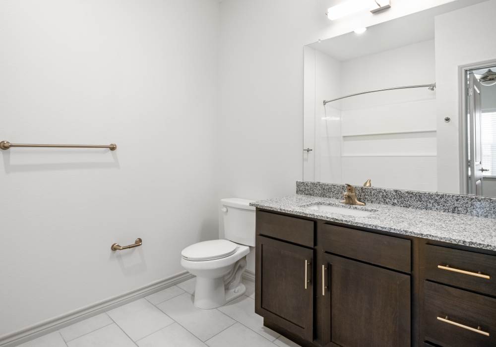 Modern bathroom with granite countertop and shower at Terrace at Southern Oaks in Dallas, Texas