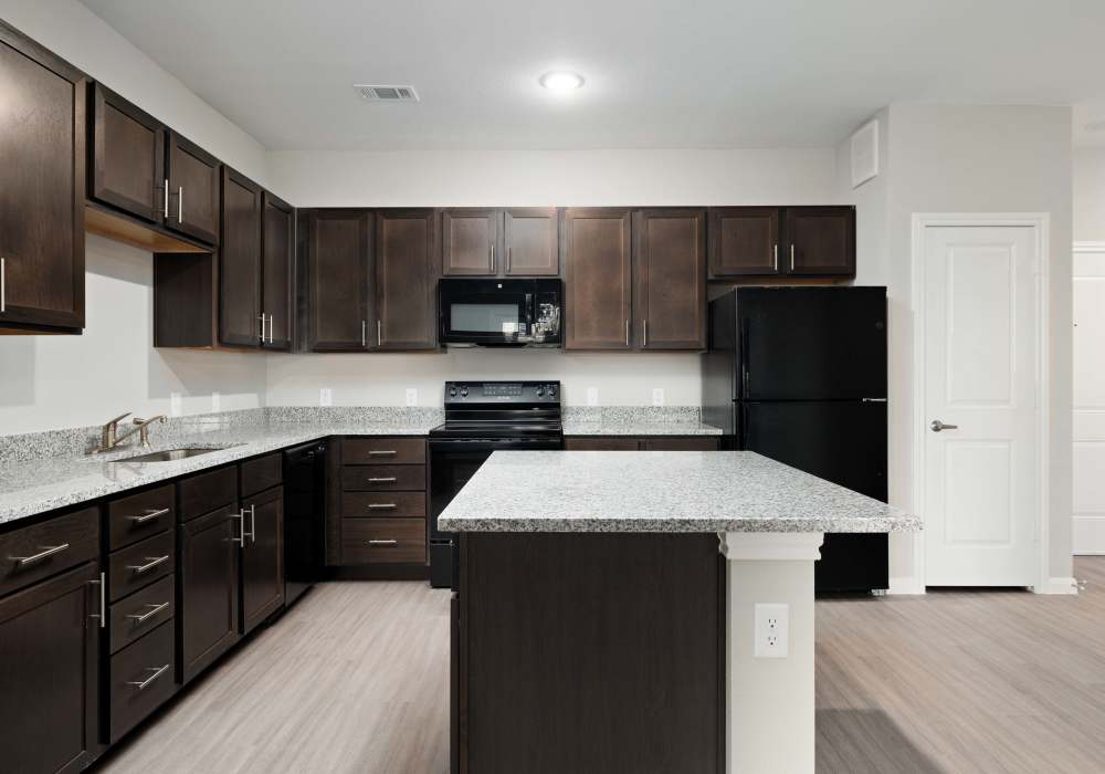 Apartment kitchen with an island and black cabinetry at Preserve at Gresham Lake in Raleigh,North Carolina