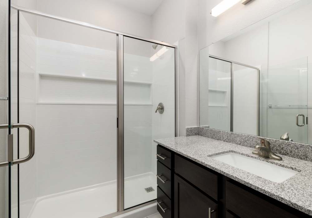 Spacious bathroom with sliding doors at Preserve at Gresham Lake in Raleigh,North Carolina