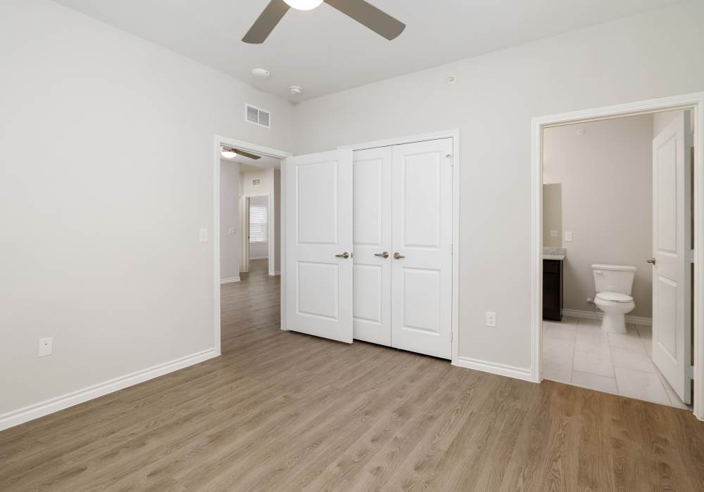 Bedroom with a fancy ceiling fan at Preserve at Gresham Lake in Raleigh,North Carolina
