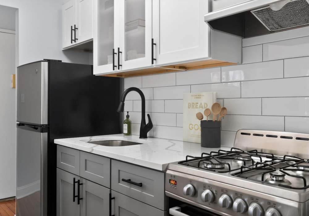 Close-up of newly renovated kitchen at Eagle Rock Apartments at Mineola in Mineola, New York