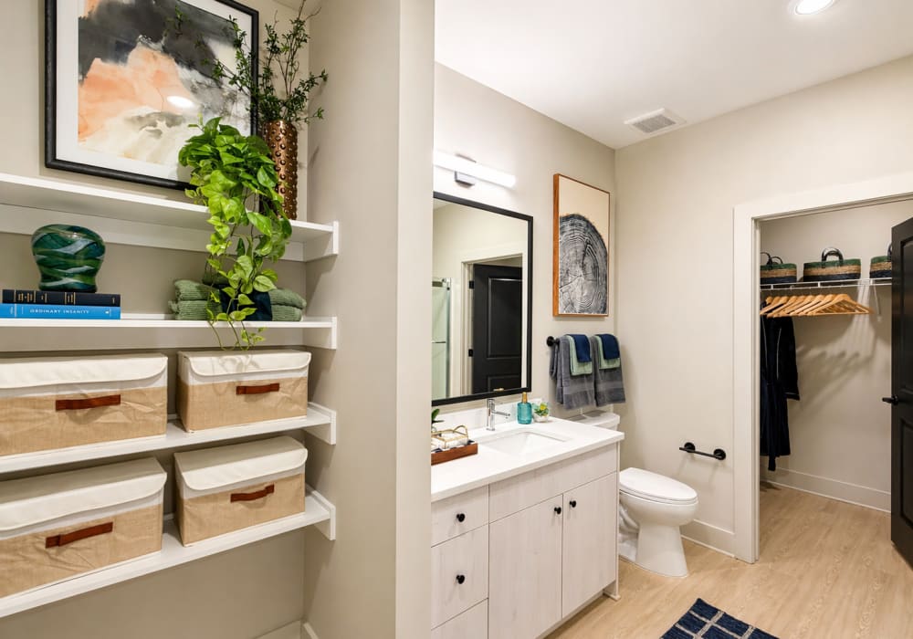 Bathroom with built in shelving Cypress Point in Mooresville, North Carolina.
