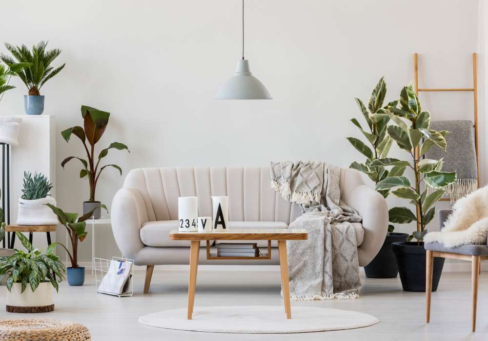 Modern living room with cozy decor and plants at Jefferson Manor Townhomes in Fairport, New York