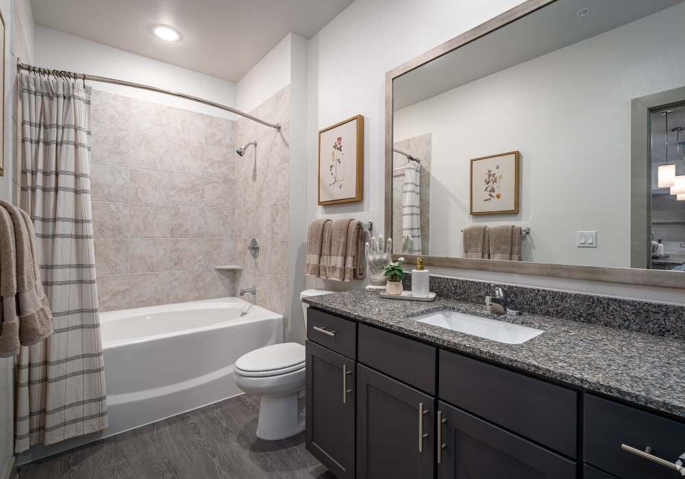Modern apartment bathroom featuring a granite vanity countertop with an undermount sink at Charleston at Fannin Station in Houston, Texas
