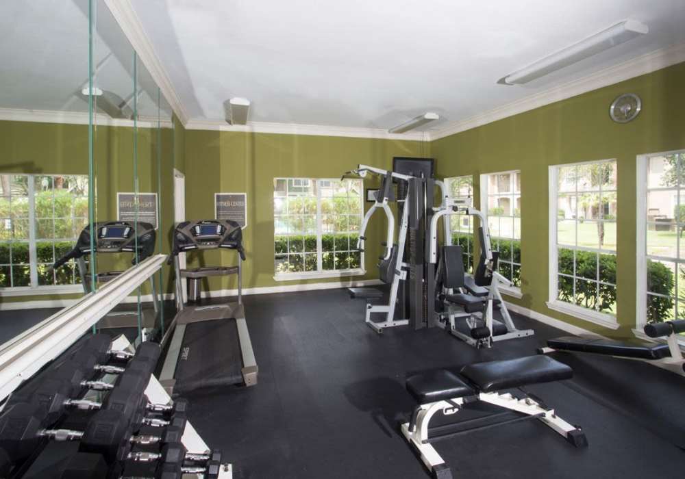 Gym with weight equipment at Reata Apartments in Harlingen, Texas