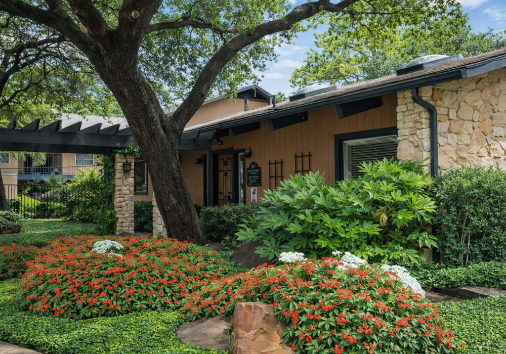 Swimming pool with greenery around at Del Prado at Texas Star in Euless, Texas