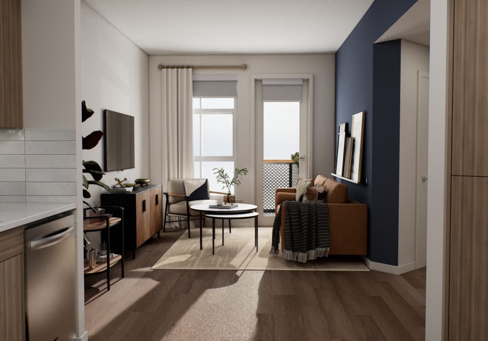 Furnished living room at The Colton in Redwood City, California