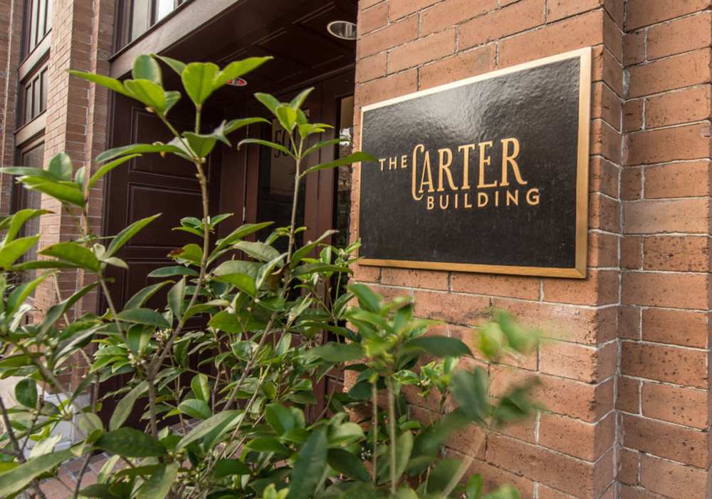 Sign with the carter building text at Hub City Lofts in Hattiesburg, Mississippi