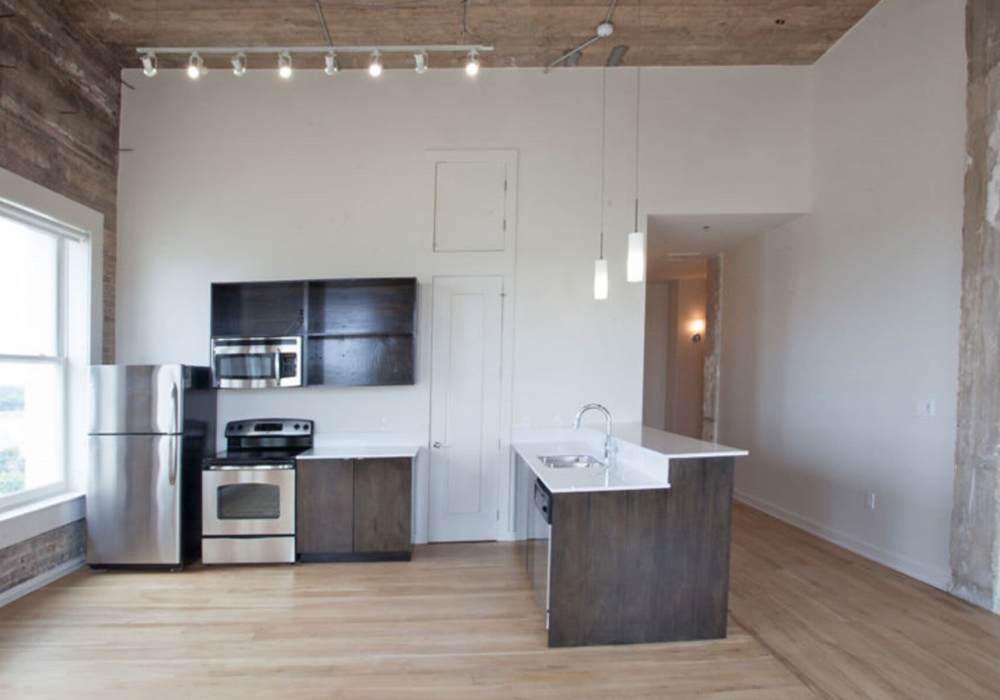 Wooden ceiling with track lighting at Hub City Lofts in Hattiesburg, Mississippi