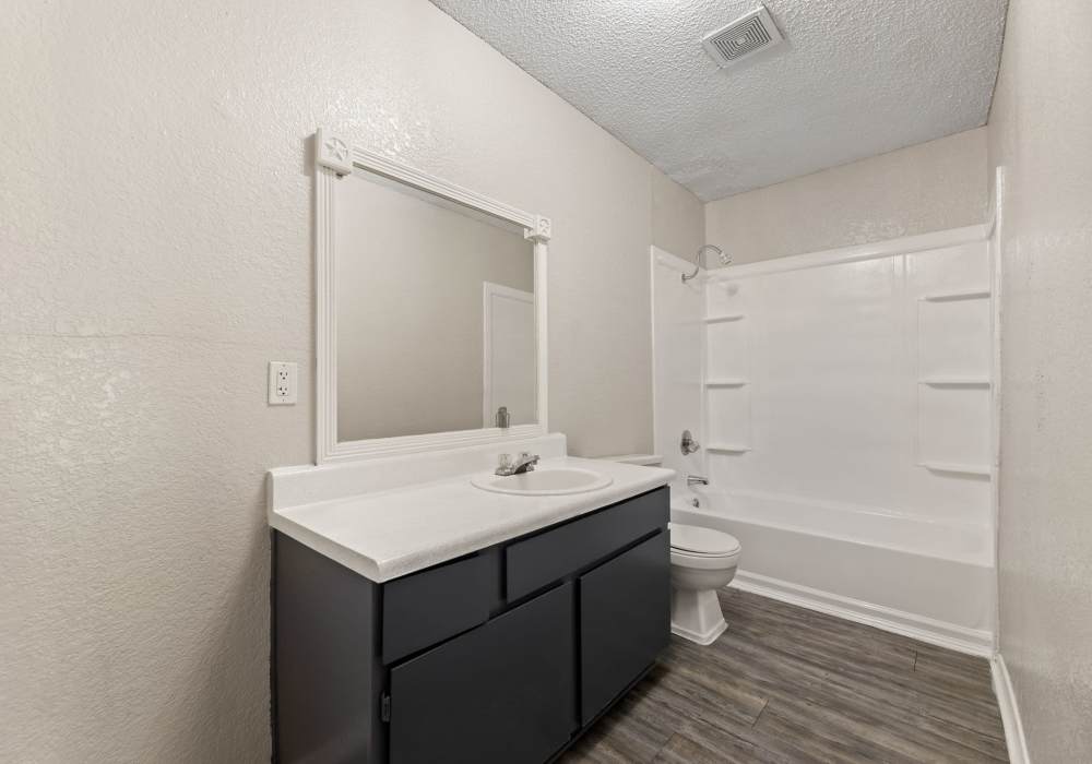Bathroom with dark vanity, toilet and tub beneath a star-accented mirror at Country Oaks in Weatherford, Texas