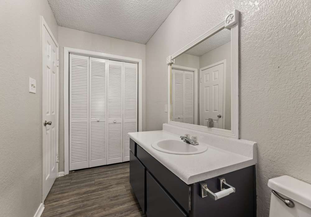 Bathroom with dark vanity, closet doors and view into tub area at Country Oaks in Weatherford, Texas
