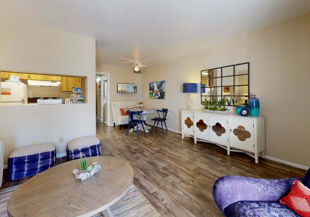 Stylish living room with coffee-table at Wasatch Club Apartments in Midvale, Utah