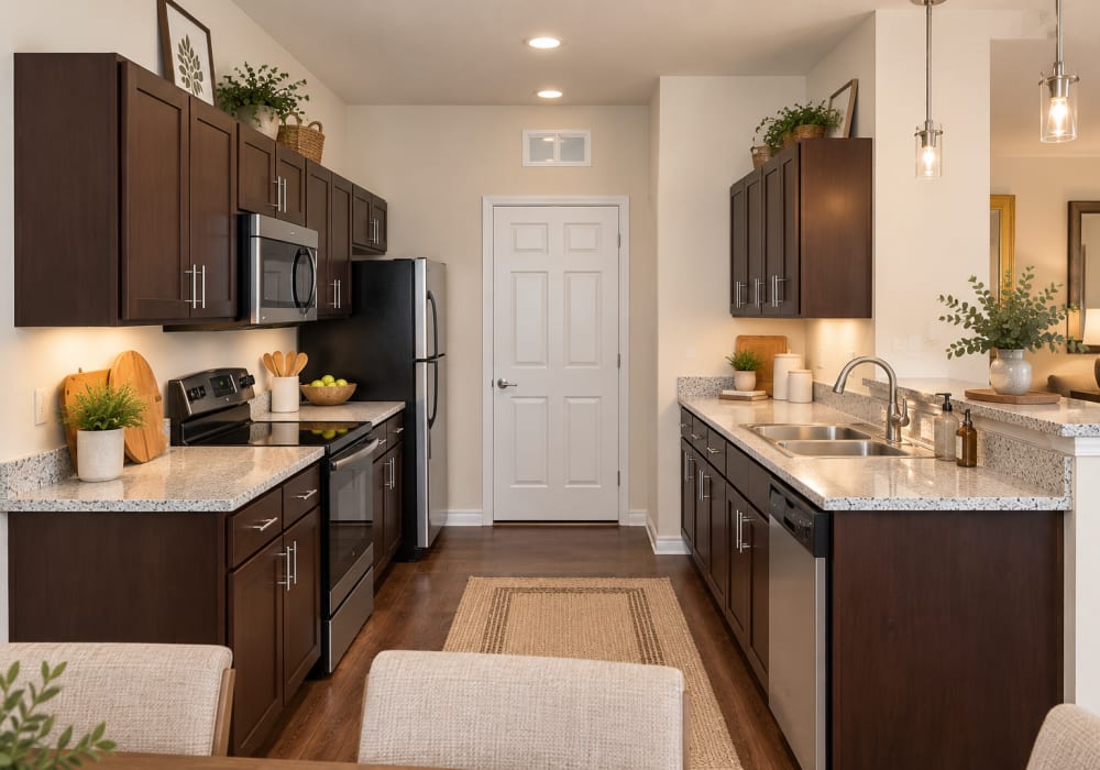 Kitchen with granite countertops and wood floors at Chapel Creek in Mandeville, Louisiana