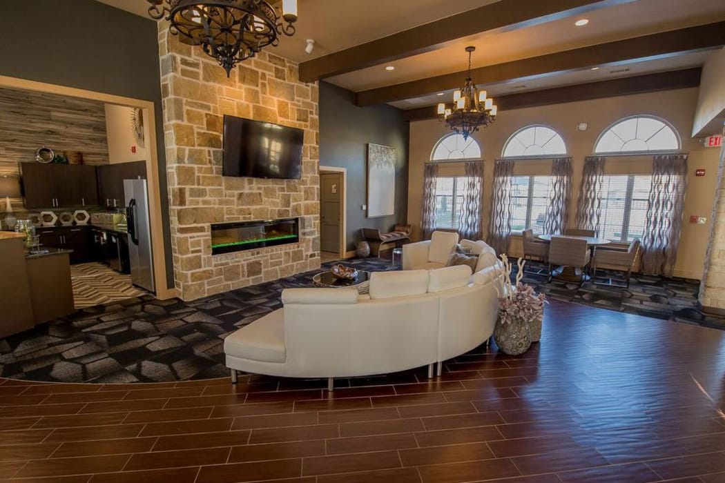 Stone fireplace at Watercress Apartments in Maize, Kansas