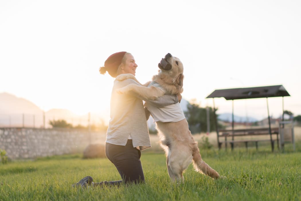 Happy woman playing with dog at park near Commonwealth at 31 in Spring Hill, Tennessee