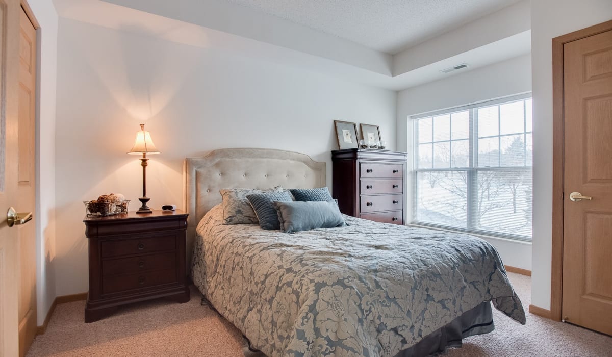 The main bedroom with plush carpeting and abundant natural lighting at Provence Apartments in Burnsville, Minnesota