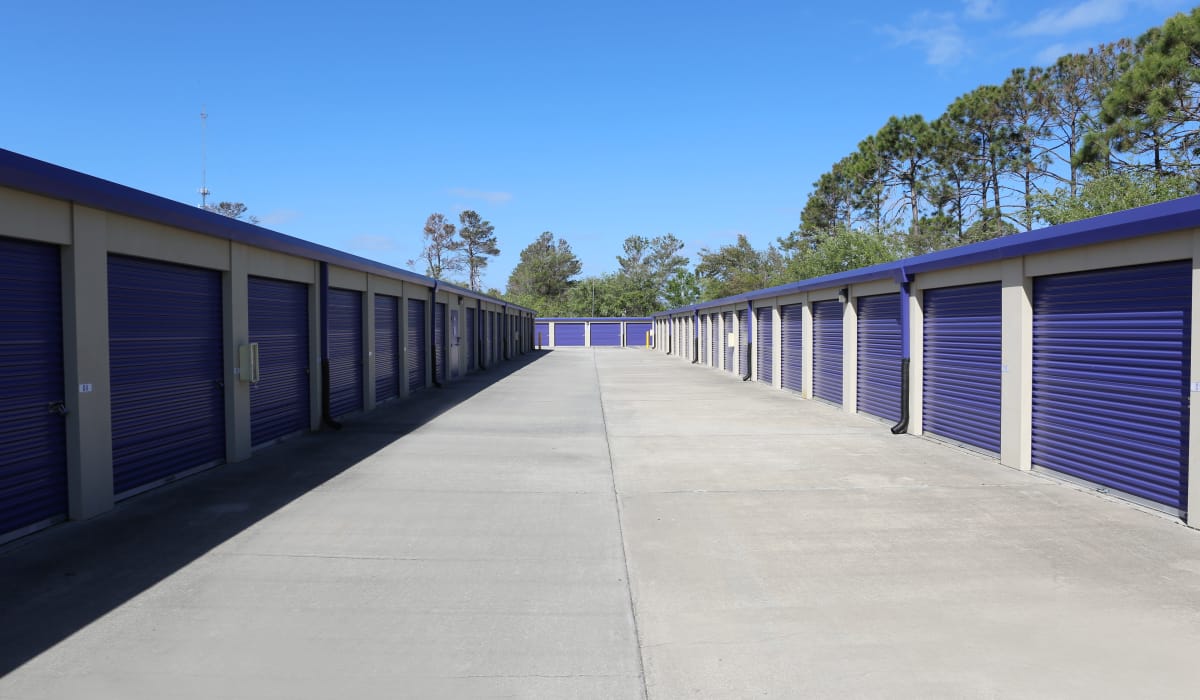 Wide aisles at StoreSmart Self-Storage in Rockledge, Florida