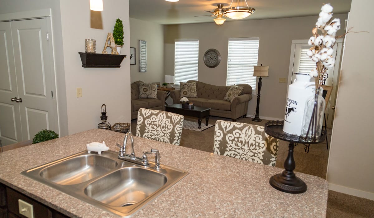 A kitchen with a stainless-steel sink at Traditions at Mid Rivers in Cottleville, Missouri