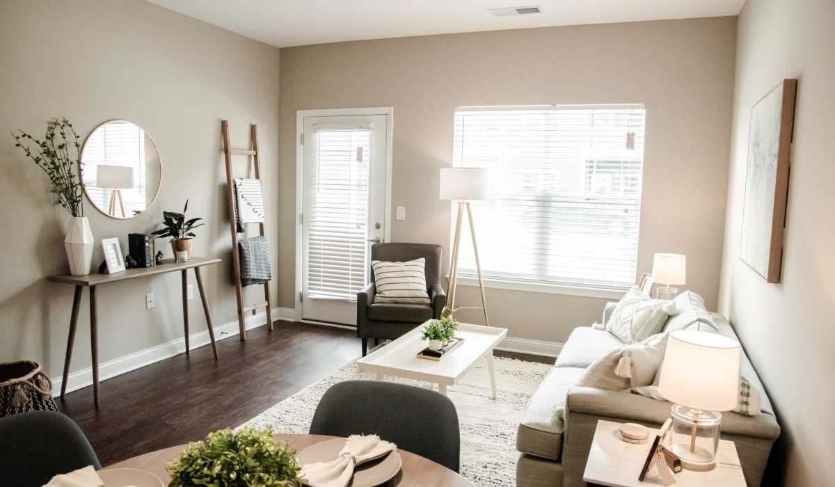 Living space with wood-style flooring at Bonterra Apartments in Fort Wayne, Indiana