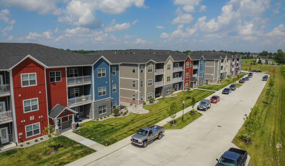 Exterior apartment building view at Bonterra Apartments in Fort Wayne, Indiana