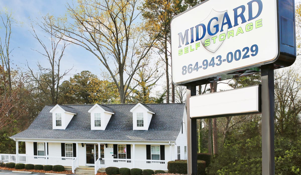 Sign out front at Midgard Self Storage in Greenwood, South Carolina