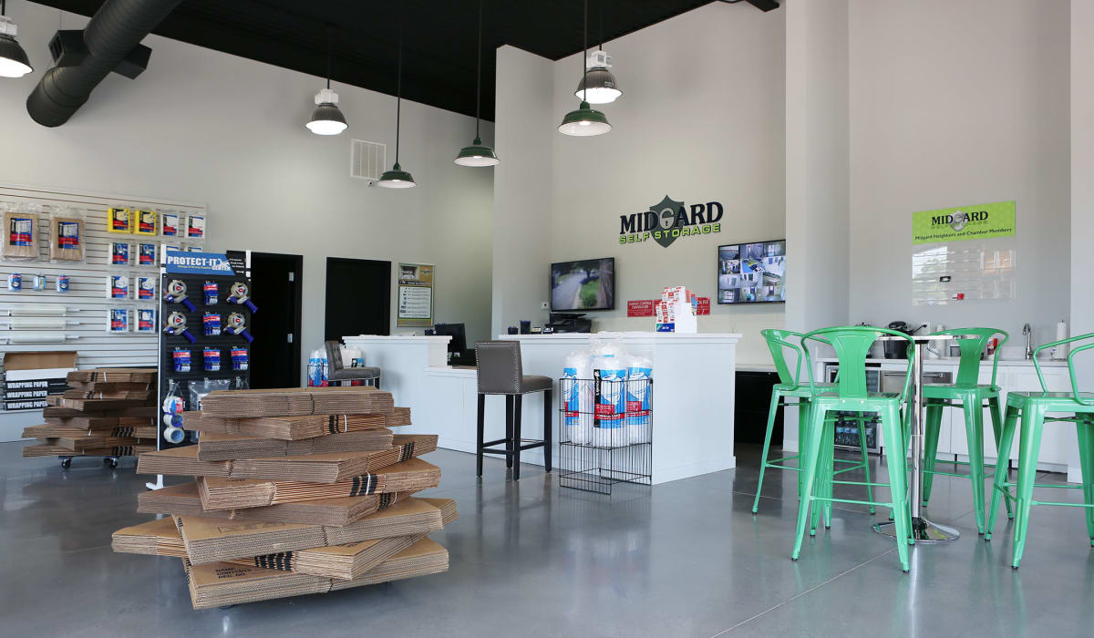 Packing supplies in the front office of Midgard Self Storage in Florence, Alabama