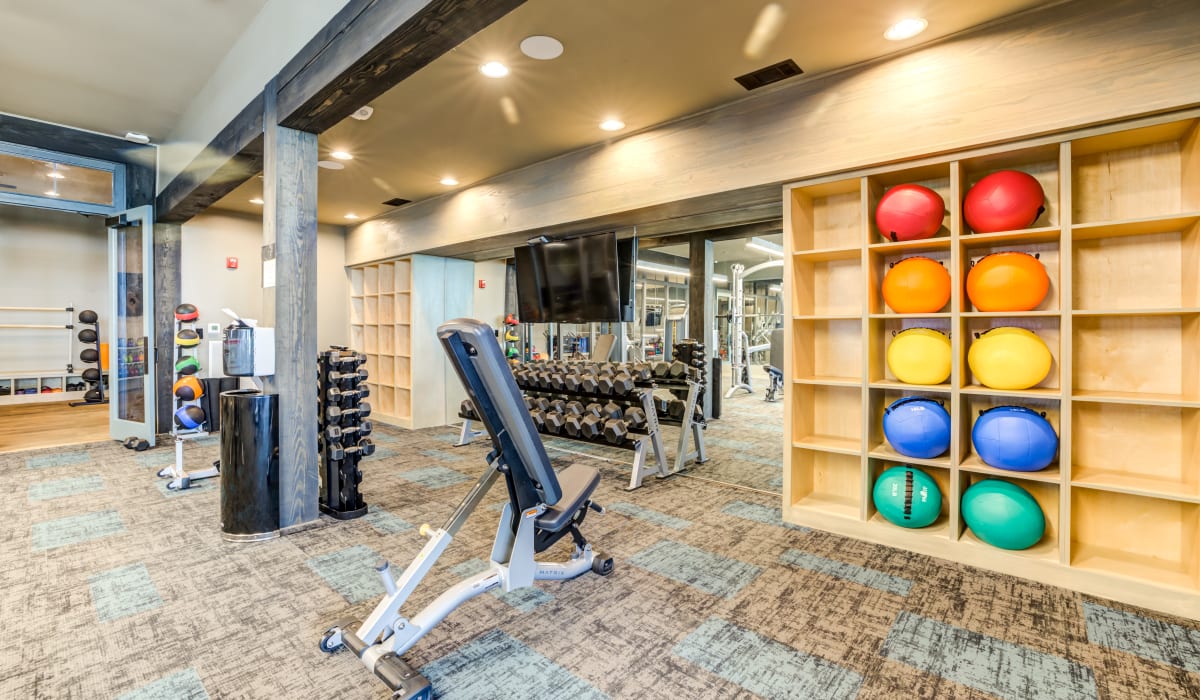 Full fitness center with everything you need for a good workout at Rivertop Apartments in Nashville, Tennessee