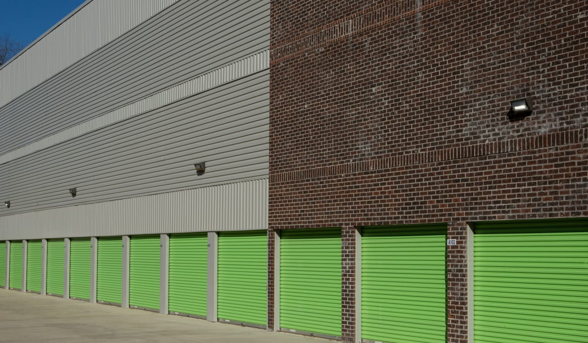 Green doors at Midgard Self Storage in Florence, Alabama