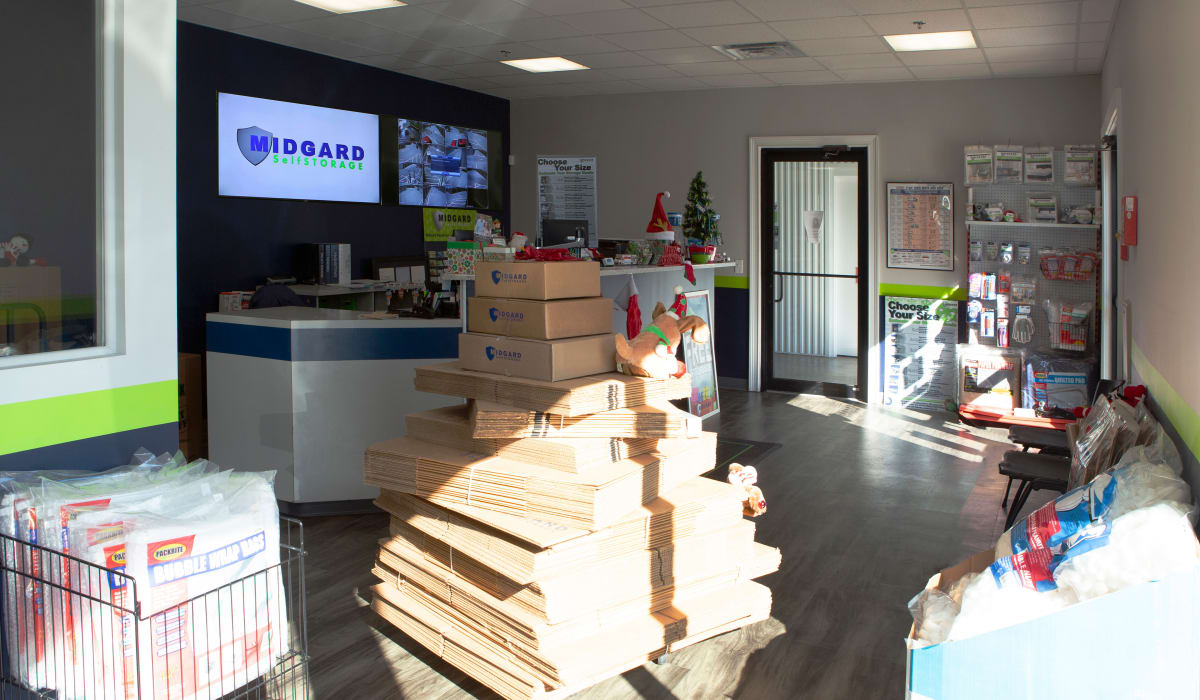 Office with packing supplies at Midgard Self Storage in Florence, Alabama