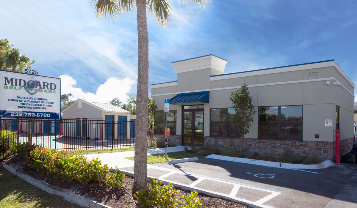 External view of the facility at Midgard Self Storage in Naples, FL