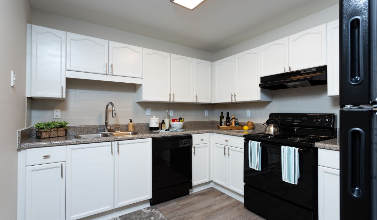 Kitchen with black appliances at Evergreen Commons in Union City, Georgia