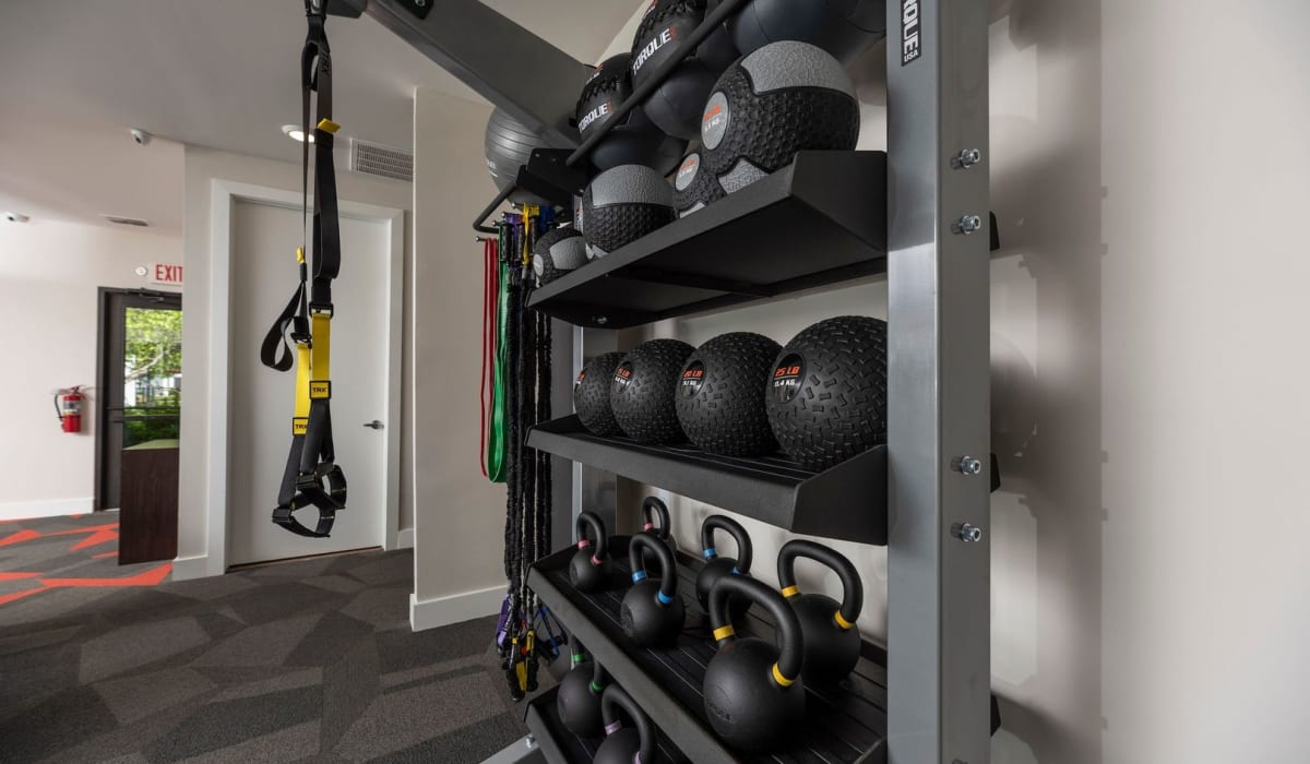 weights in fitness center at Gardens of Valley Ranch in Irving, Texas