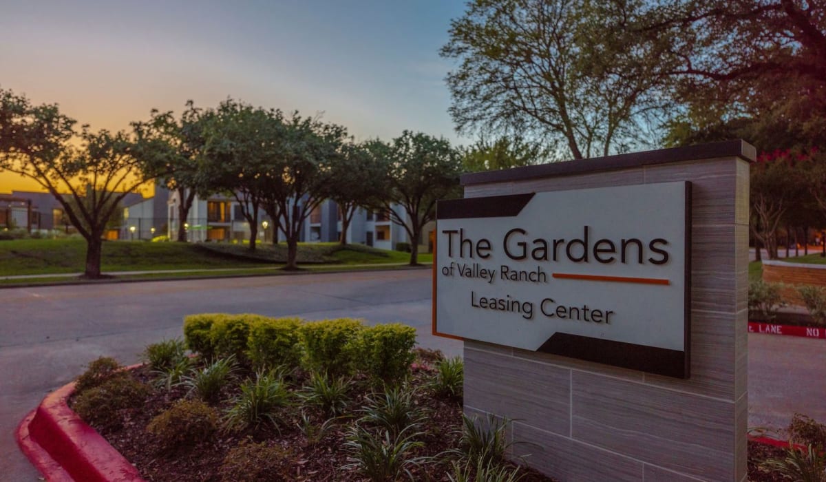 Entrance sign at Gardens of Valley Ranch in Irving, Texas