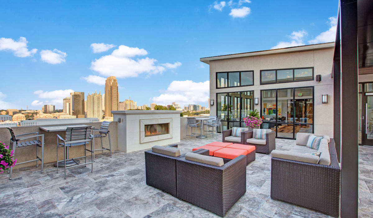 Rooftop seating with fireplace and view at Mark at West Midtown in Atlanta, Georgia